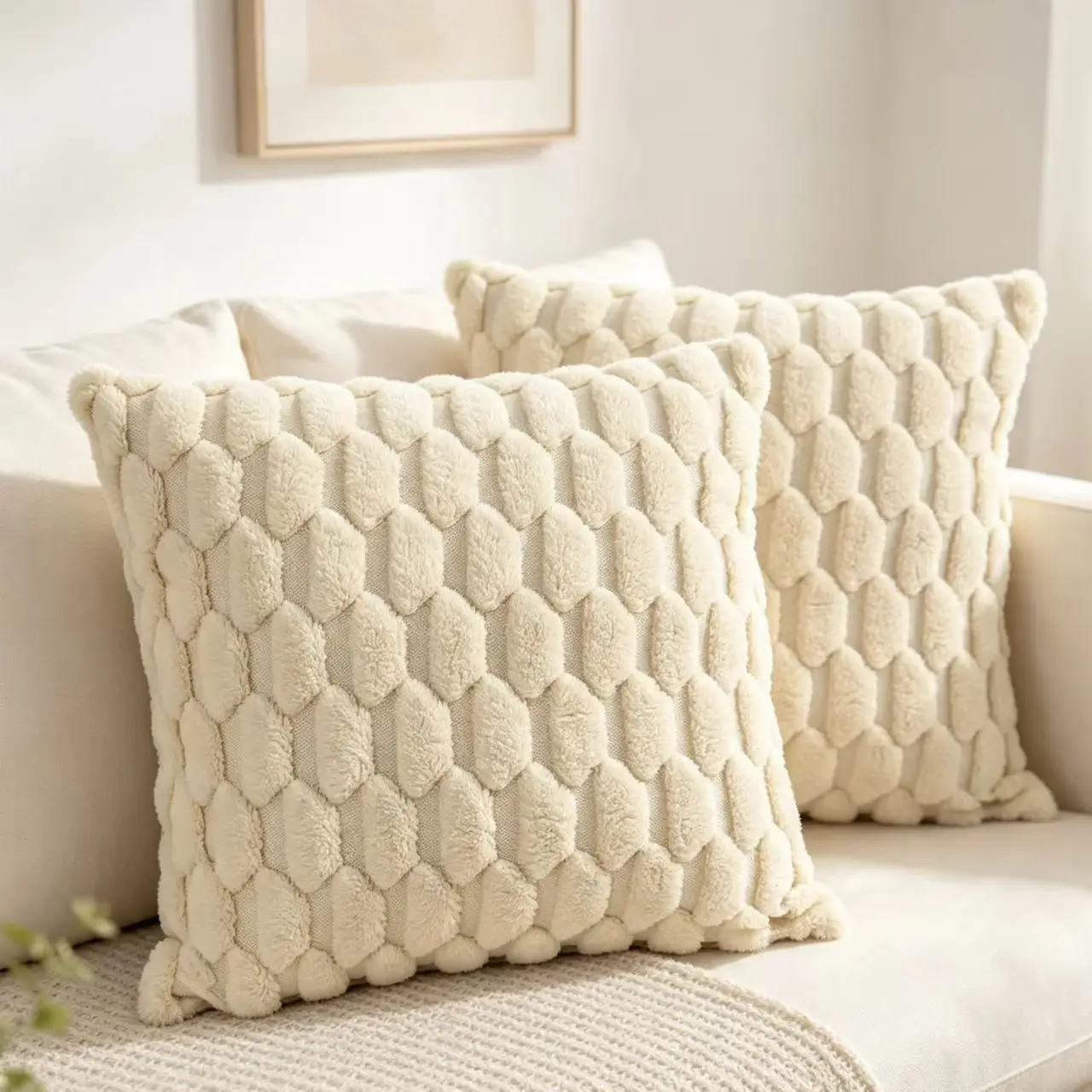 2Pcs 17×17inch Honeycomb 3D Embossed Fuzzy Plush Pillow Covers,Textured Square Decorative Cushion Pillowcases For Living Room