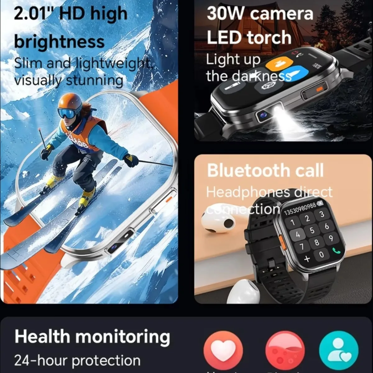 HD Camera Smart Watch Bluetooth Call 256MB Large Memory 30W Camera with Fill Light Video Recording IP67 Waterproof Smartwatch