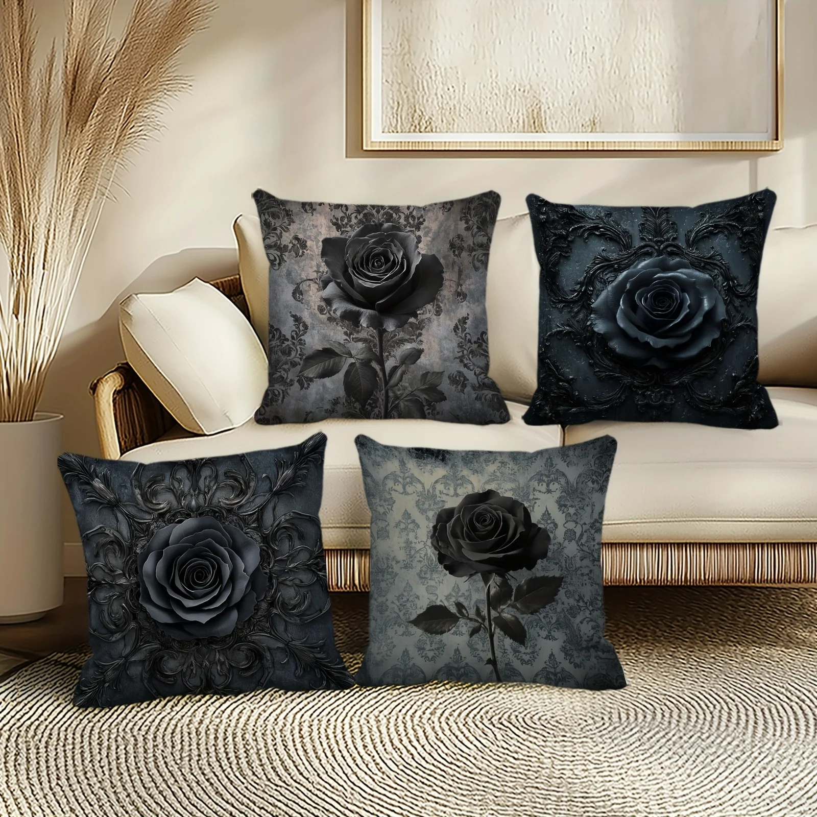 4pcs Gothic Dark Night Rose Luxury Pillow Covers Gothic Halloween Decor with Intricate Black Rose Damask Patterns, 18x18 In