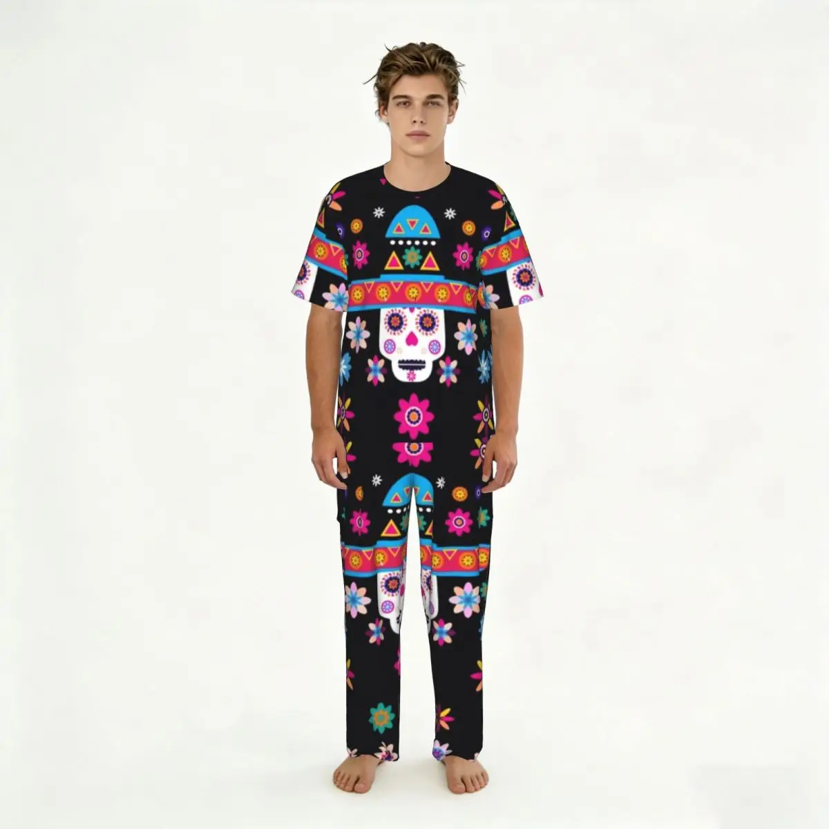 

Мужской пижамный костюм с короткими рукавами и длинными брюками, пижама с принтом в мексиканском стиле на тему Дня мертвых, летний комплект домашней одежды
