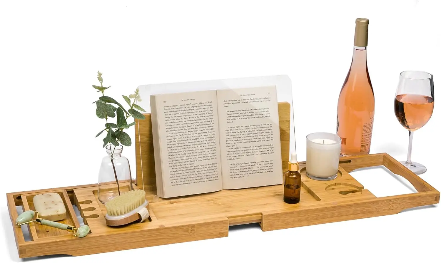 

Holds Your Book Open – Extendable Wooden Bath Tub Tray Keeps Your Book Open While Protecting from Drips and Splashes - Perfe