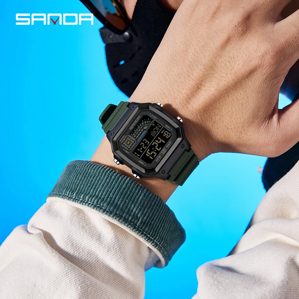 ساعة يد إلكترونية مربعة صغيرة للرجال من Fashion SANDA 6196، عد تنازلي رياضي مقاوم للماء، ساعة رقمية إلكترونية للطلاب