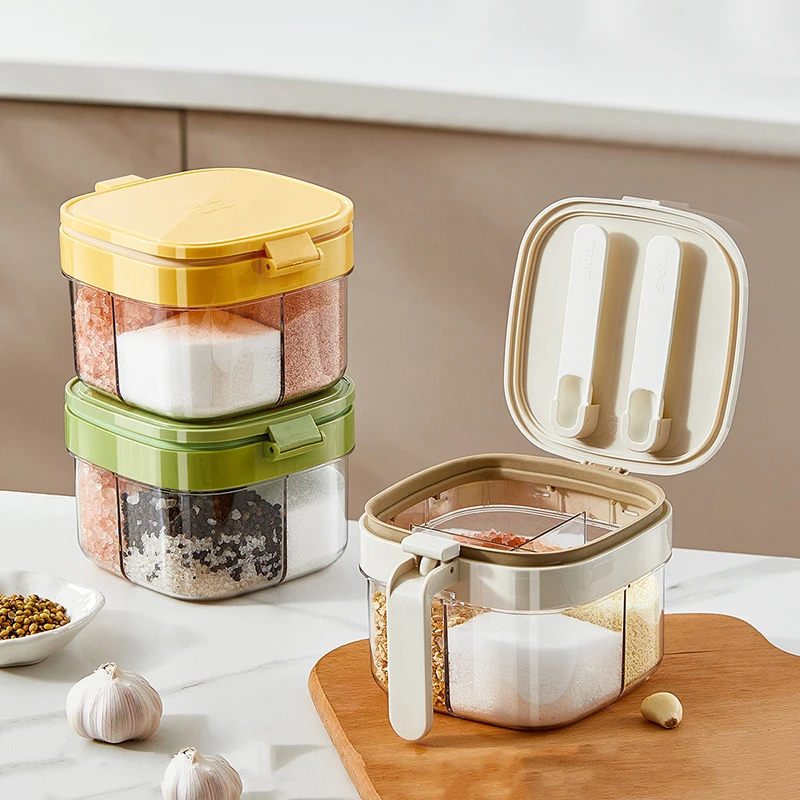 1Pieces Seasoning Box With Lid And Spoon, 4 Compartment Spice Pots With Handle, Home Kitchen Condiment Jars Outdoor Tableware