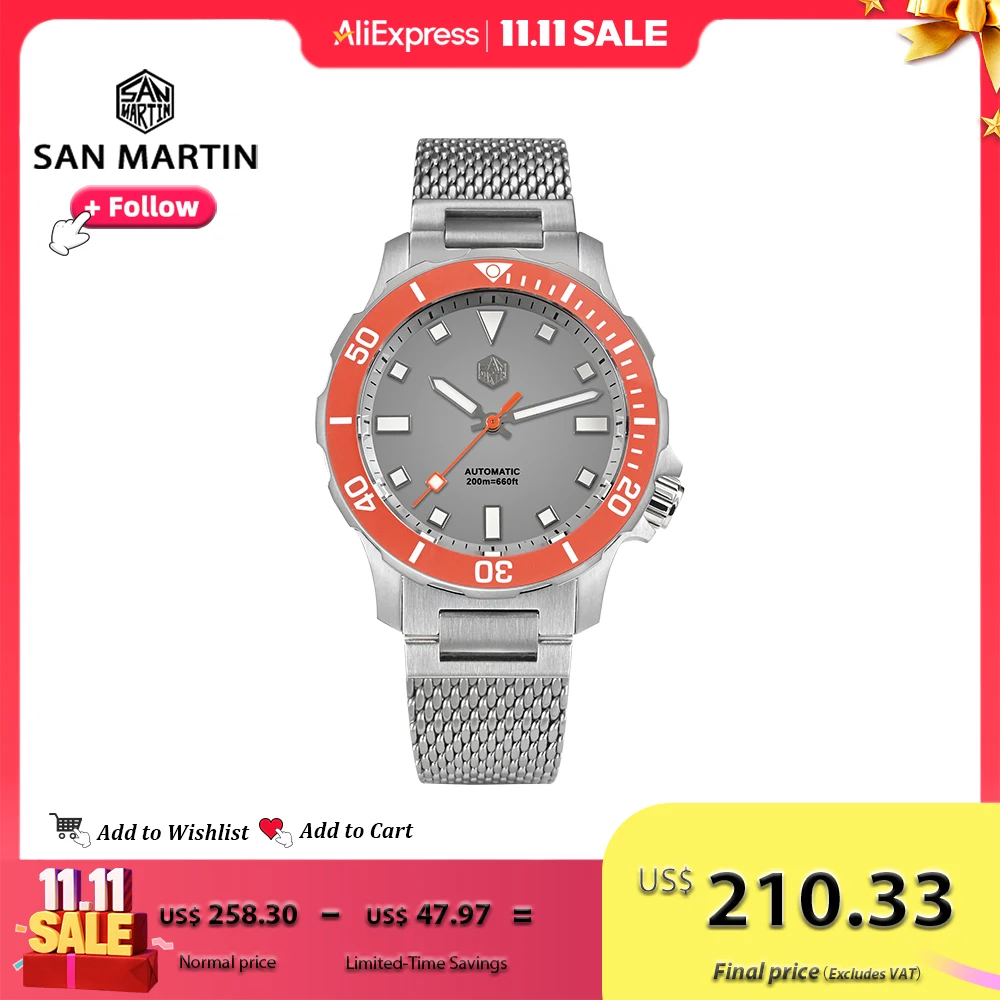 Reloj de buceo San Martin Design de 39,5mm para hombre NH35 relojes mecánicos para hombre pulsera milanesa de acero inoxidable resistente al agua 20Bar SN0085