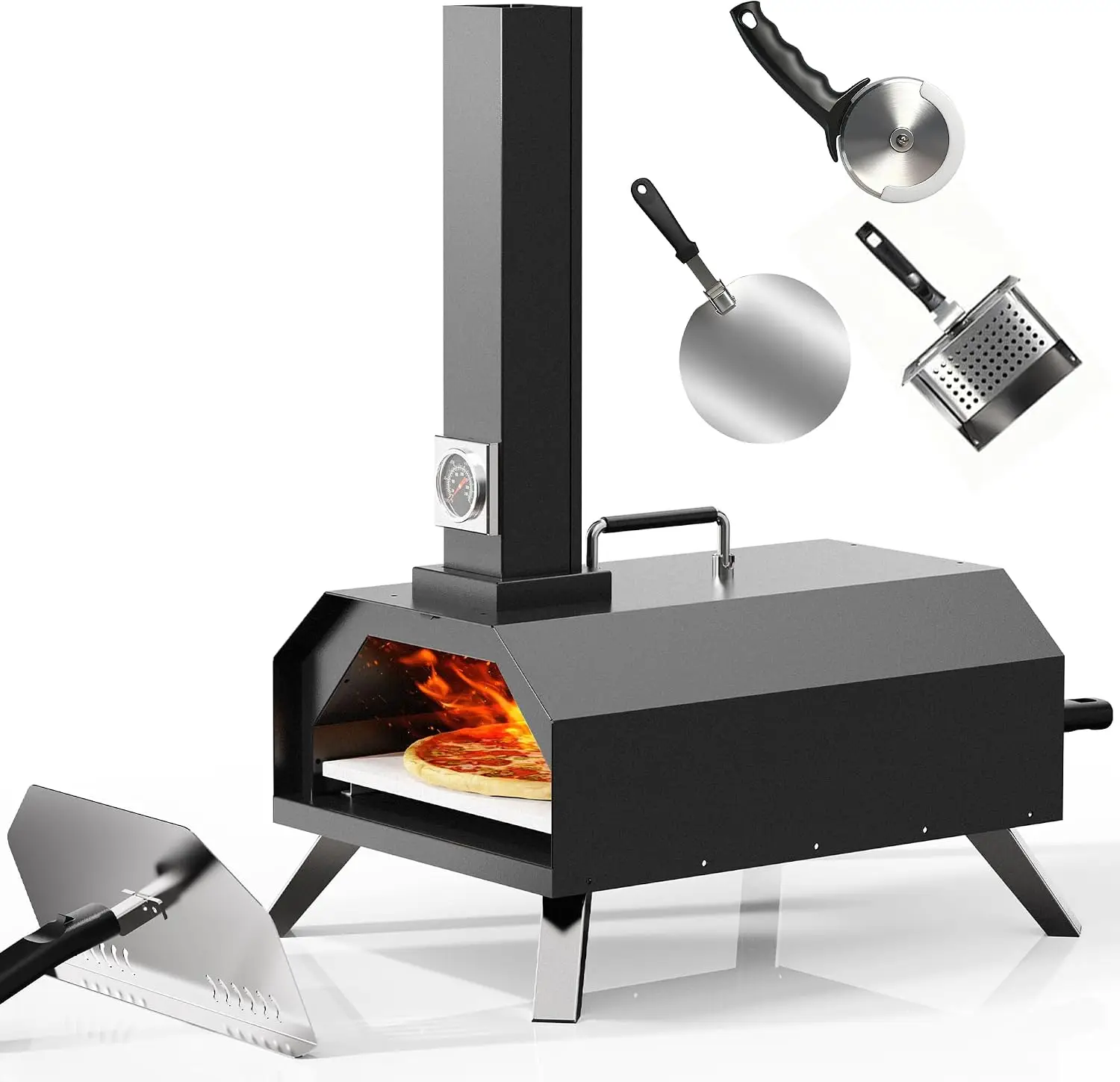 Pizza Oven Outdoor With a Thermometer, Portable Wood Fire Pizza Oven Stainless Steel Pizza Maker for Backyard or Outside Camping