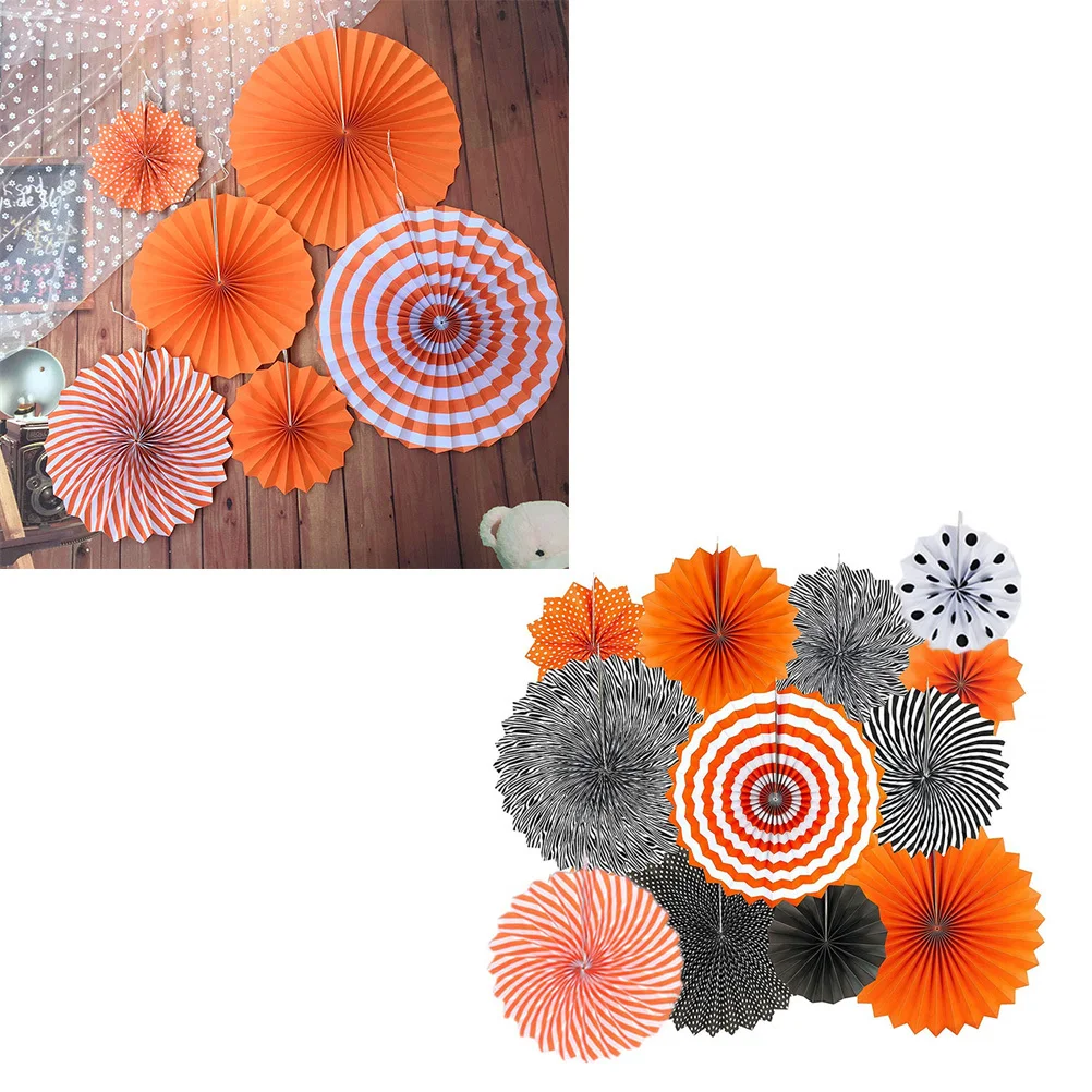 

12Pcs Halloween Party Decorations Orange Black Paper Fans Polka Dots Stripes Party Supplies Photo Background Wall Table Decor