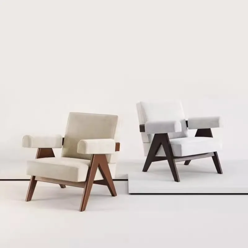 

Retro solid wood leisure single sofa wabi sandy wind medieval balcony leather art fabric armrest sofa large herringbone chair