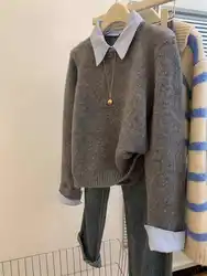 Gray Fake Two-piece Spliced Shirt Collar Sweater 2024 New Autumn/Winter Women's Lazy Style Loose Base Sweater Office Knitted Top