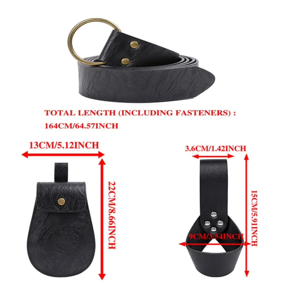3PCS Medieval PU Leather Belt Set for Women, Black Long Waist Belt with Dragon Pouch & O-Ring Mug Holder, Elf Ranger Witch Vikin