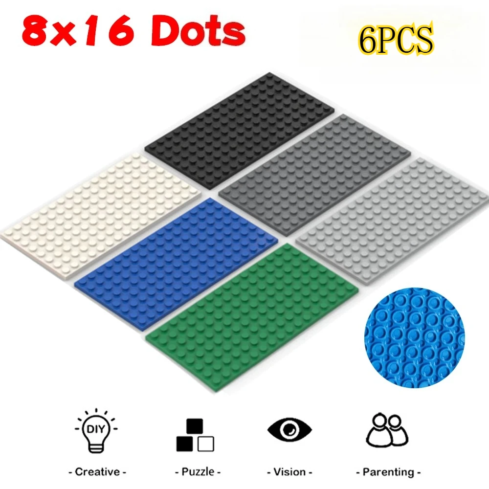 

6 шт. 8x16 точек, двухсторонние строительные блоки, базовая пластина, мелкие частицы, тонкие пластинчатые кирпичи, сделай сам, креативные просветляющие развивающие игрушки