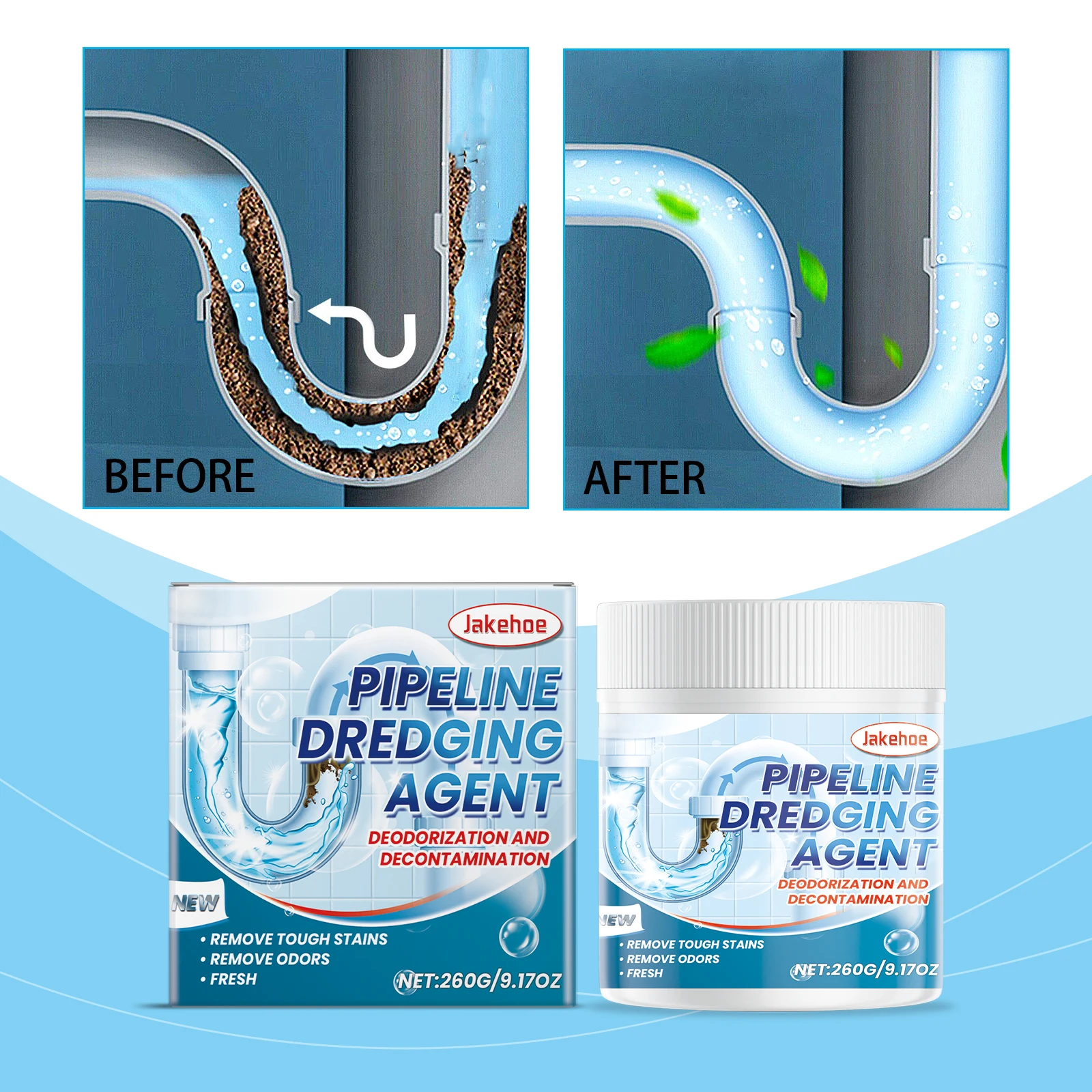 Potente polvo para dragado de tuberías, 260g, limpia y desatasca la grasa para el cabello de alcantarillado, disuelve los bloqueos, seguro y respetuoso con el medio ambiente