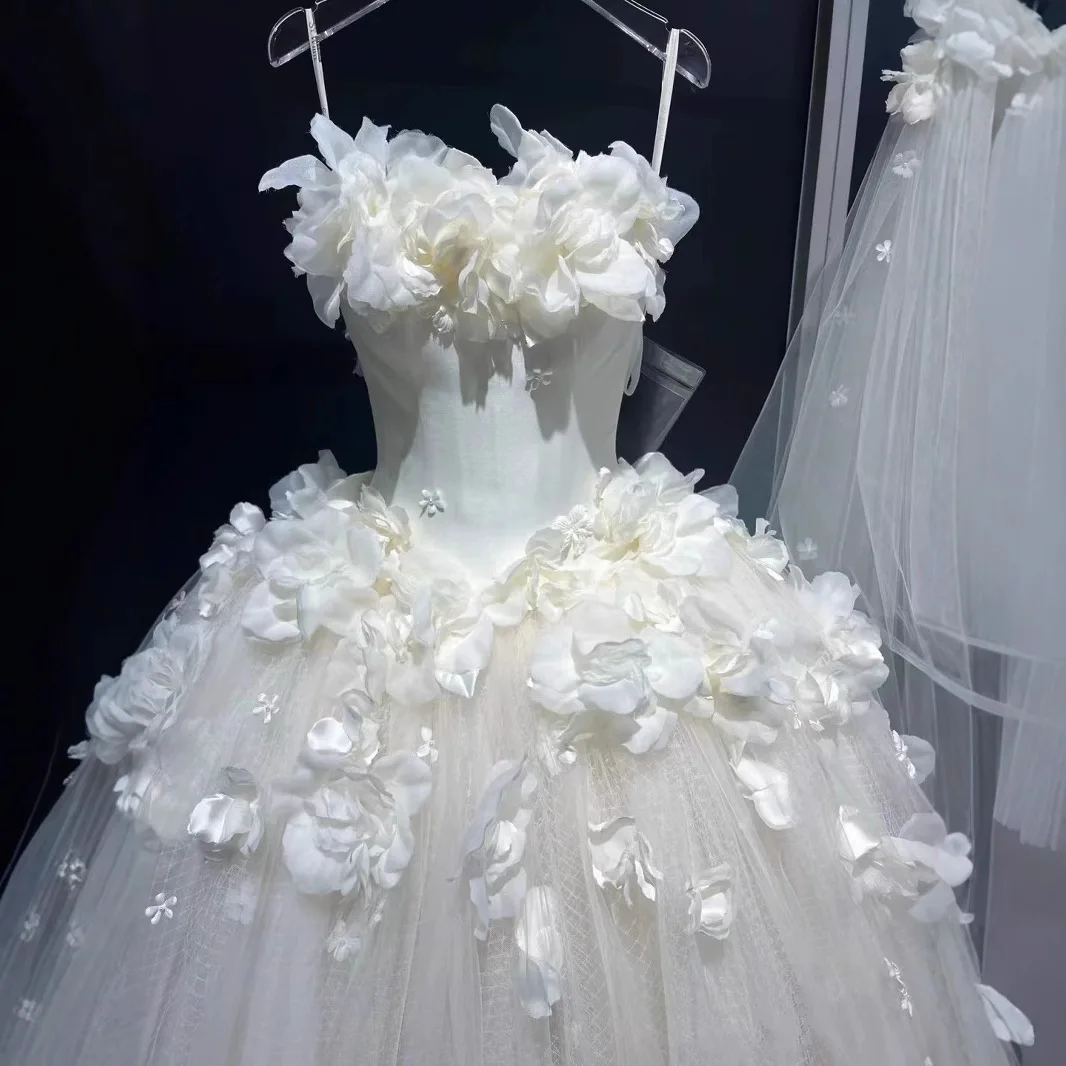 Simple Strapless Wedding Dress Korean Style Sweet Sleeveless Princess Dress Slim Fit Three-dimensional Flower Dress Customized
