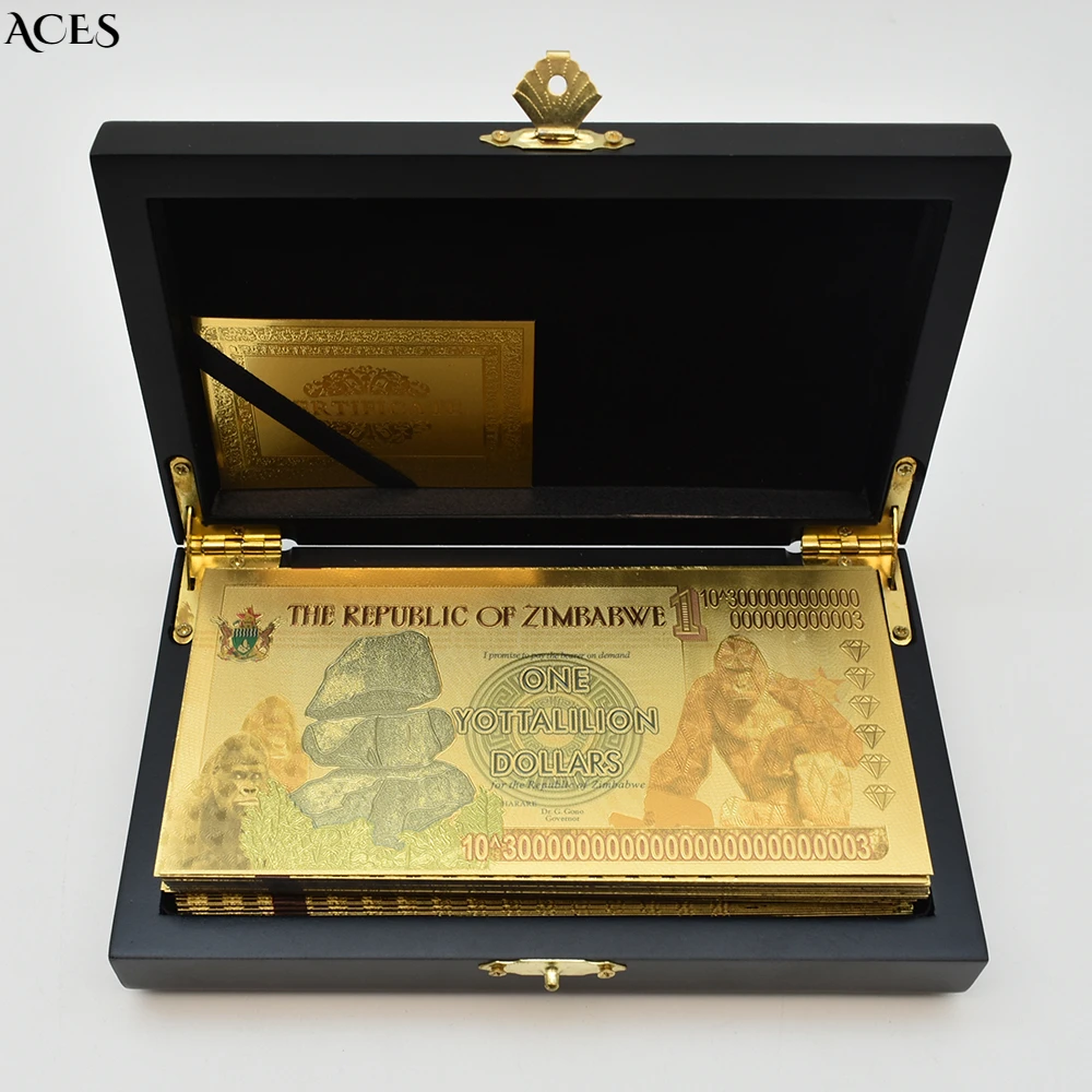 50pcs Zimbabwe One Yottalilion Dollars Gold Foil Banknotes Box Collection Fluorescent Money Fake Money Unique Craft Collection