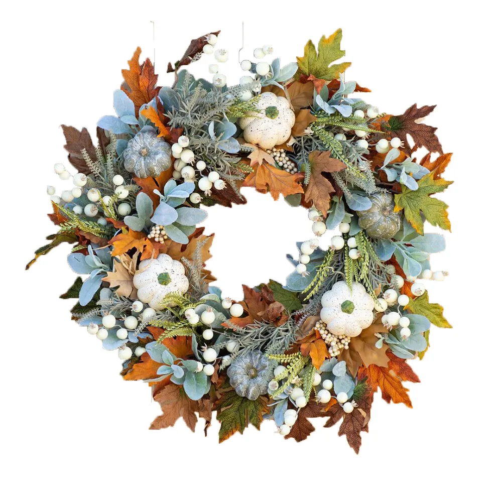 

Farmhouse Fall Wreath Decor - Elegant Door Decoration with White Pumpkin and Autumn Leave