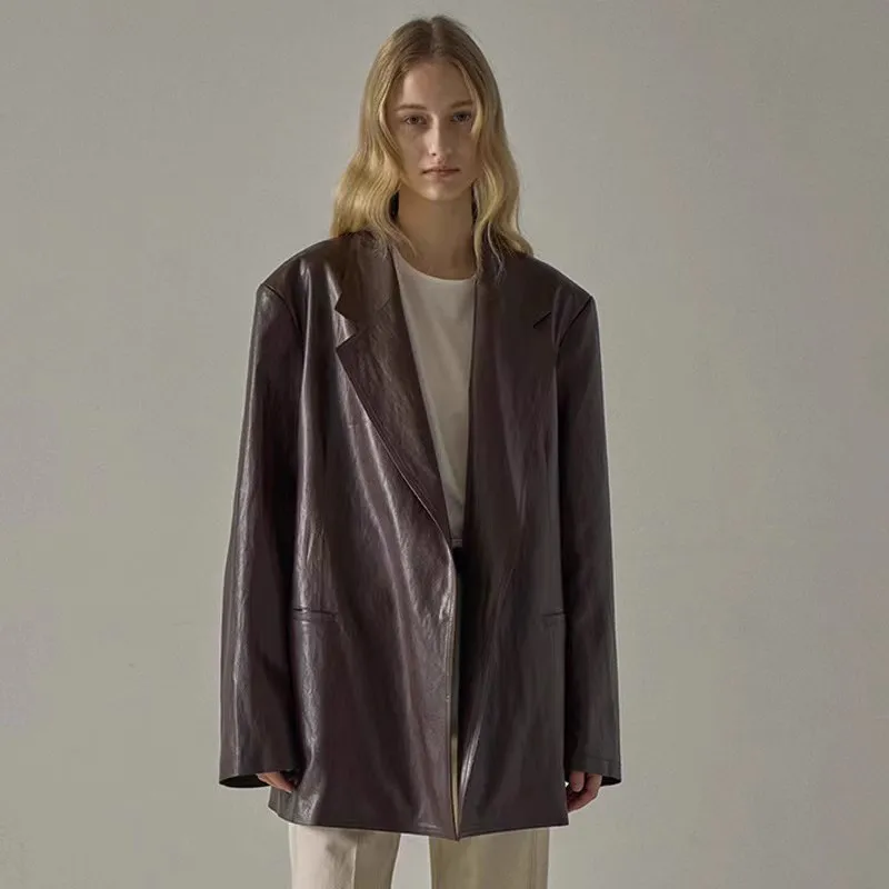 Dave&di Leather Jacket For Women 2025 Spring And Autumn Collection Loose Medium To Long Niche Designer Suit