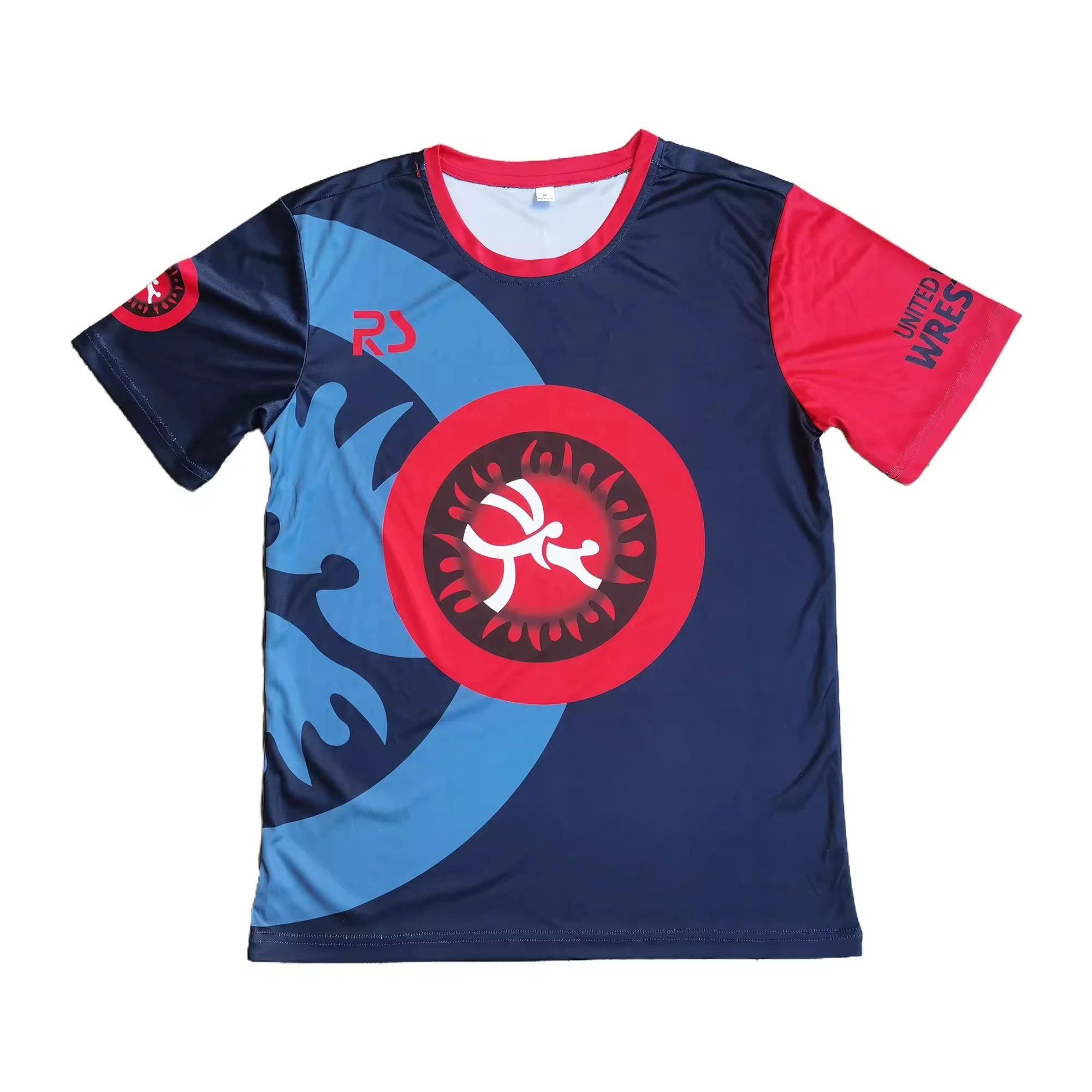 Camiseta de Entrenamiento de Lucha Libre United World para Hombre, Azul Marino y Rojo, Estampado Completo, Manga Corta, Ideal para Práctica de Lucha Libre y Gimnasio