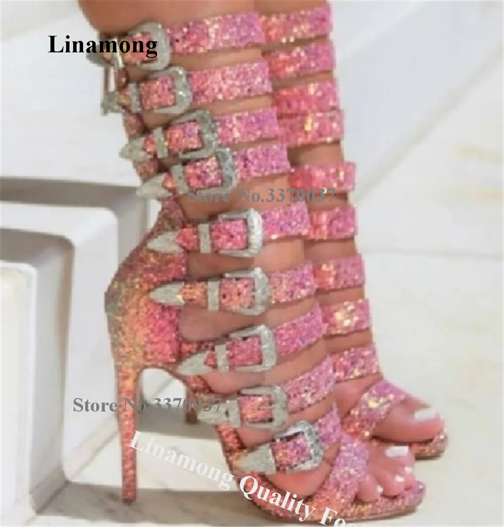 

Босоножки-гладиаторы Linamong Bling Bling с розовыми блестками, на шпильке, с открытым носком, с пайетками, на тонком каблуке, с металлическими пряжками и ремешками