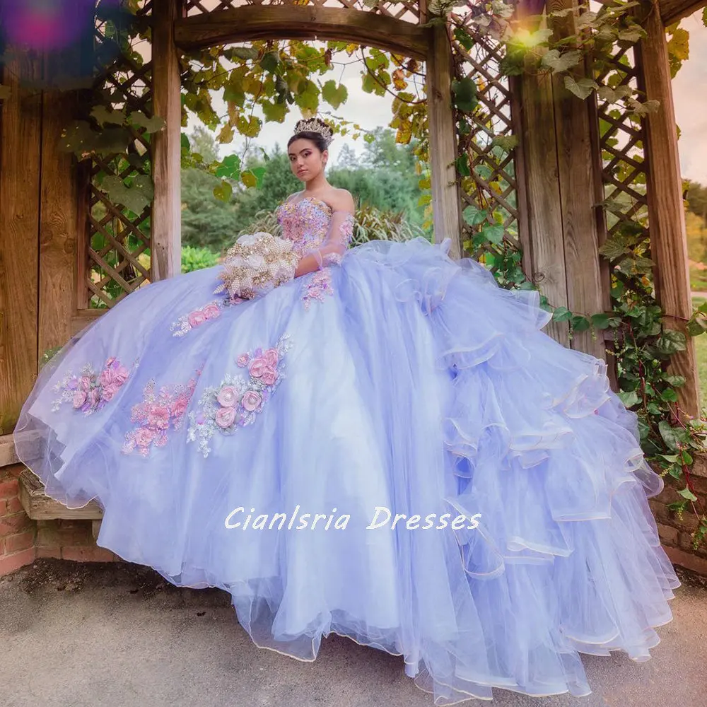 Lilac 3D Flowers Pearls Beading Quinceanera Dress Ball Gown Sweetheart Half Sleeve Appliques Graduation 7th Vestido De XV Anos
