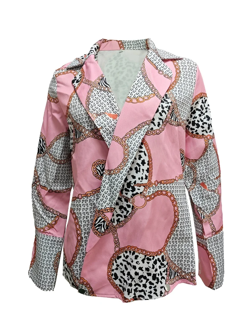 Damen-Bluse mit langen Ärmeln, V-Ausschnitt, Ketten- und Tiermuster-Patchwork – lässige, schicke Bürokleidung (4 Farben: Schwarz, Orange, Pink, Grau) – Detail 4