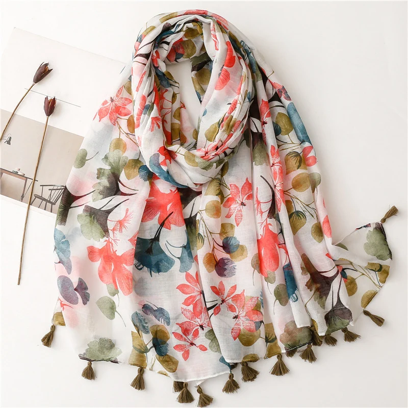 

Literary Art Fresh Scarf Tassel Viscose Cotton Hemp Scarves Floral Shawl Temperament Neckerchief Soft Popular 2024 Echarpe Scarf