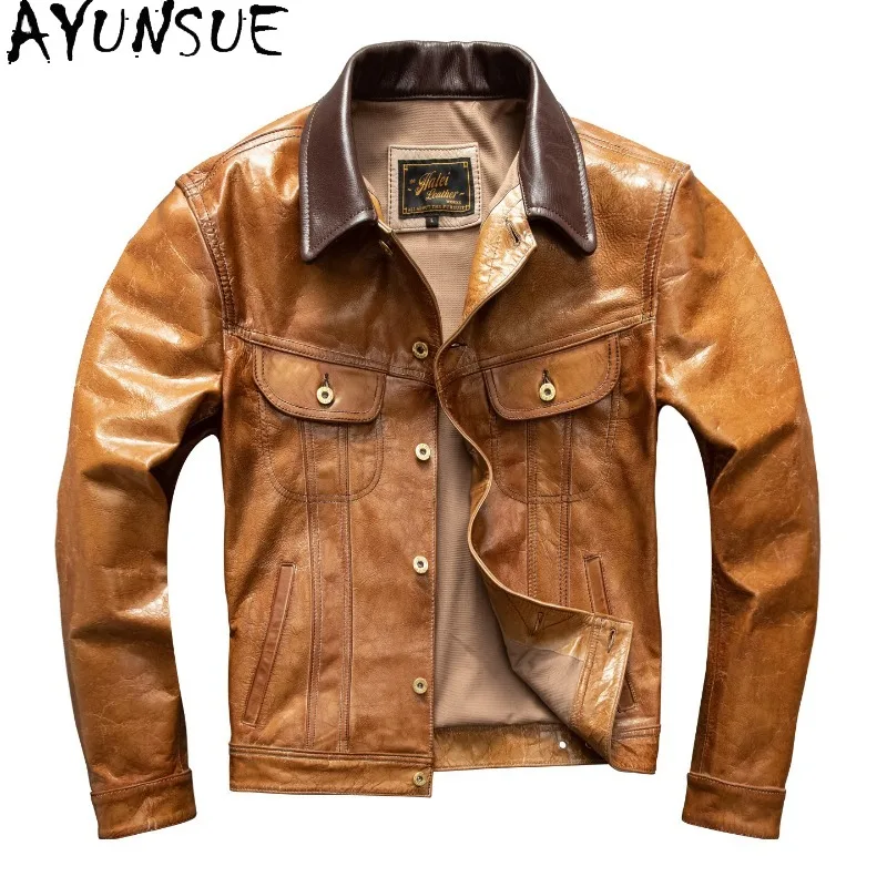 AYUNSUE Top Layer Goatskin Leather Jacket Man Short Jackets of Man Motorcycle Leather Coat Chic Mens Jacket Abrigos Plus Size