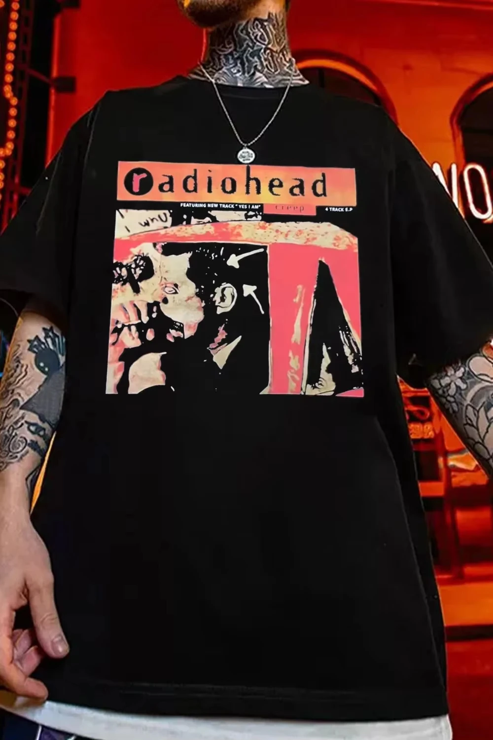 Vintage Radiohead-Muster Bedrucktes T-Shirt für Männer und Frauen, Baumwolle, Locker Geschnitten, Lässiges Kurzarm-T-Shirt, Herren-T-Shirts, Herrenbekleidung – Detail 9