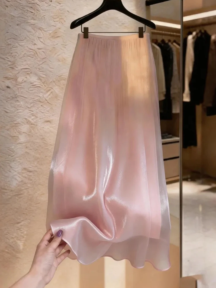 Elegant Pink Long Skirt Women Sweet Fashion Pearl Yarn Loose Skirts Summer Chic High Waist Female Preppy Style Ins Dance Skirt