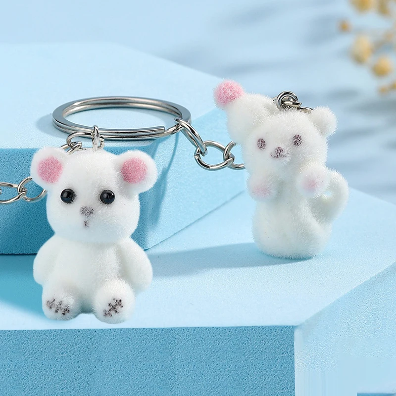 Cute Flocking Bear Keychain Cartoon 3D Animal Keyring Lovely Backpack Pendant Bag Charms Car Key Holder Couple Gifts