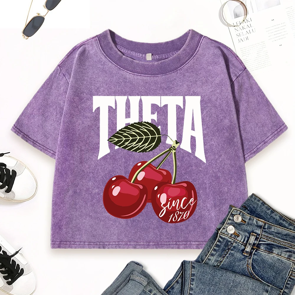 

Theta Cherry Since 1870 Printed Womens Washed T Shirt Cotton All-Match T Shirts Soft Crewneck Tops Summer Slim Streetwear