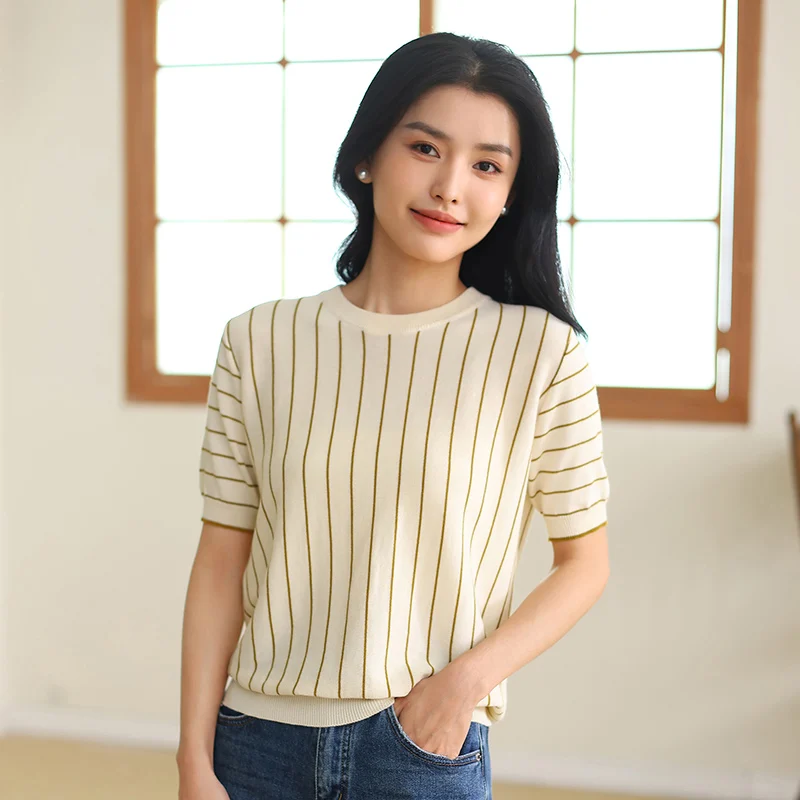 Women\'s New Round Collar Vertical Stripes Pullover Vest 100% Cotton Short-sleeved Tees Sweater Summer Knitted Bottoming T-shirt