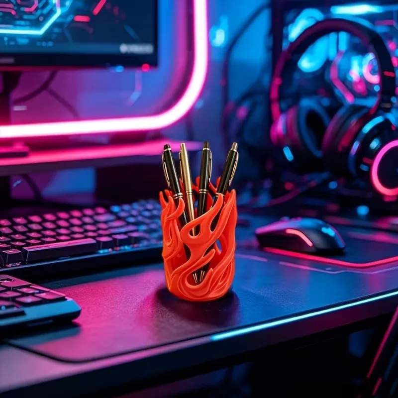 Flame Hollow Pen Holder,Red Cutout Pencil Cup,3D Printed Prop For Students Office Workers Gamers Study Table Home Decor