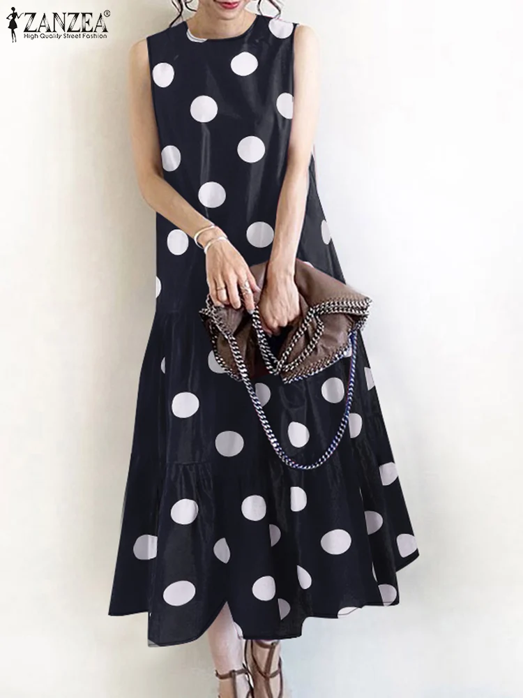 

2024 ZANZEA Women Bohemian Sleeveless Dress Fashion Casual Holiday Midi Vestido Sarafans Robe Summer Polka Dot Printed Sundress