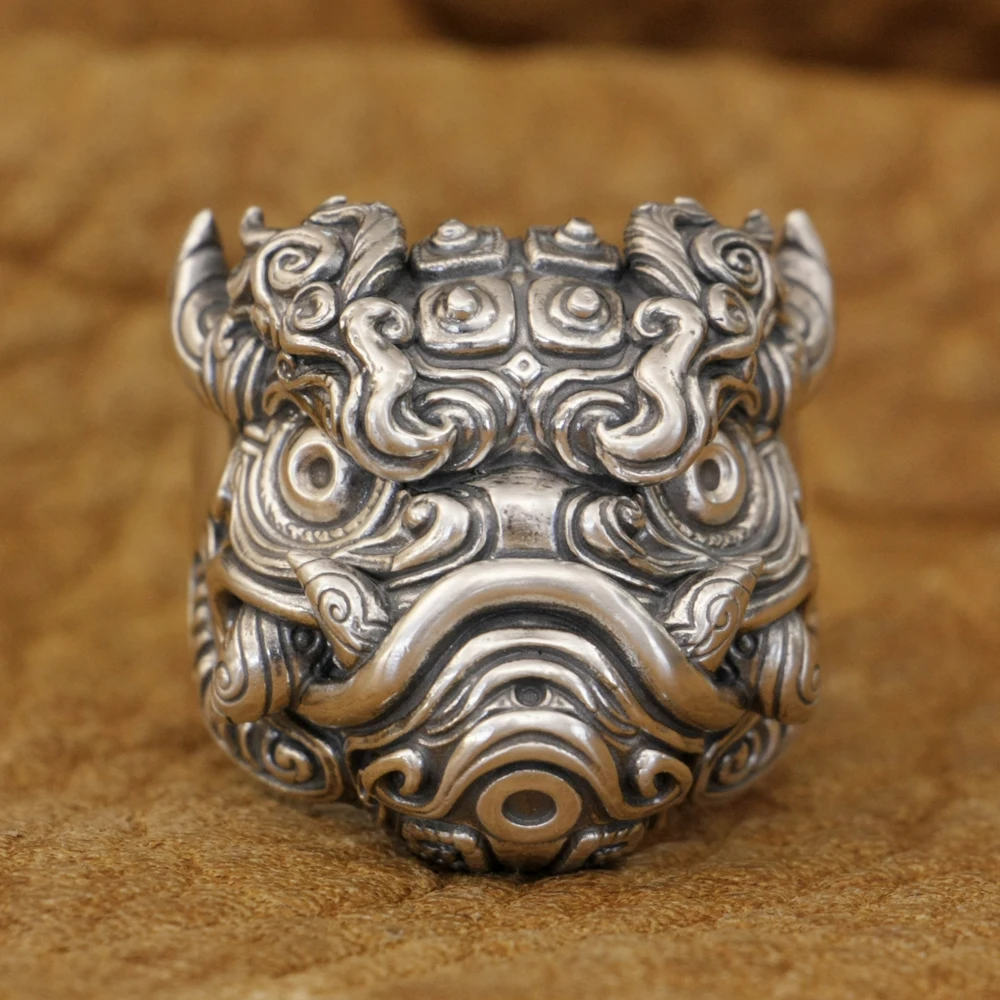 LINSION 925 Sterling Silver Kylin Lion Ring Mens Biker Punk Ring TA374 US Size 7~16