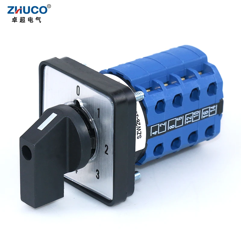 

ZHUCO SZW26/LW26-20/0-4.4 20A 660V 4 Poles 16 Terminals 64X64 Mm 48X48 Mm Panel Changeover Selector Universal Rotary Cam Switch