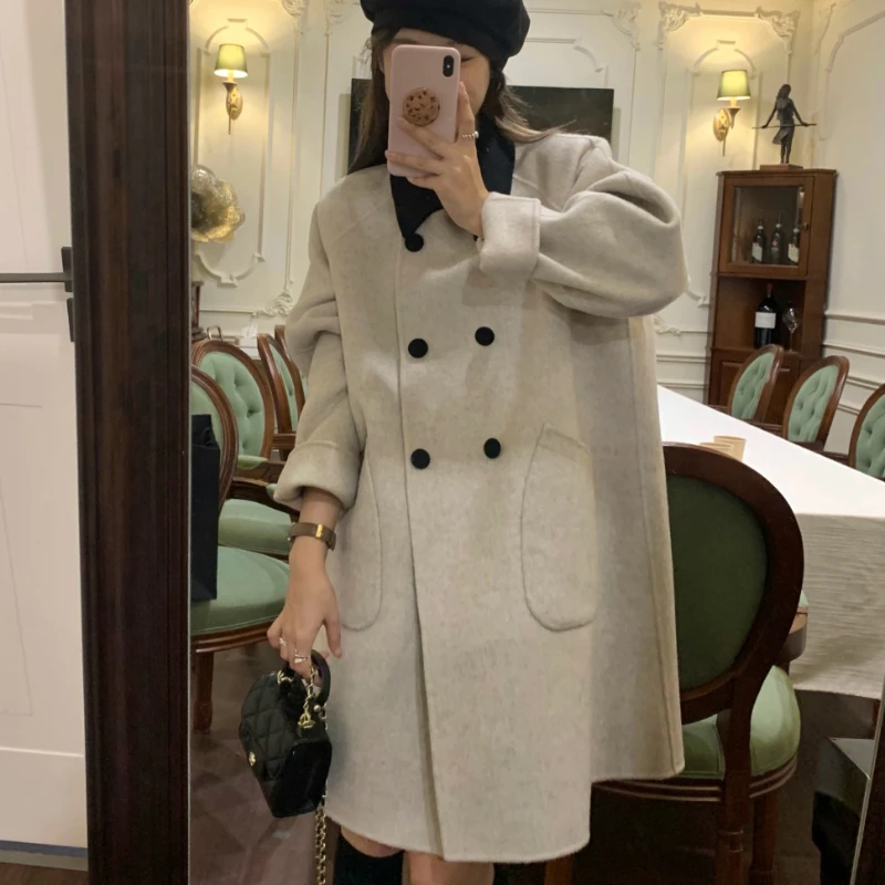 

2023 Autumn Winter New Reversible Cashmere Coat Women Short Temperamental Loose Woolen Outwear Female Mid-Length Casual Outcoat