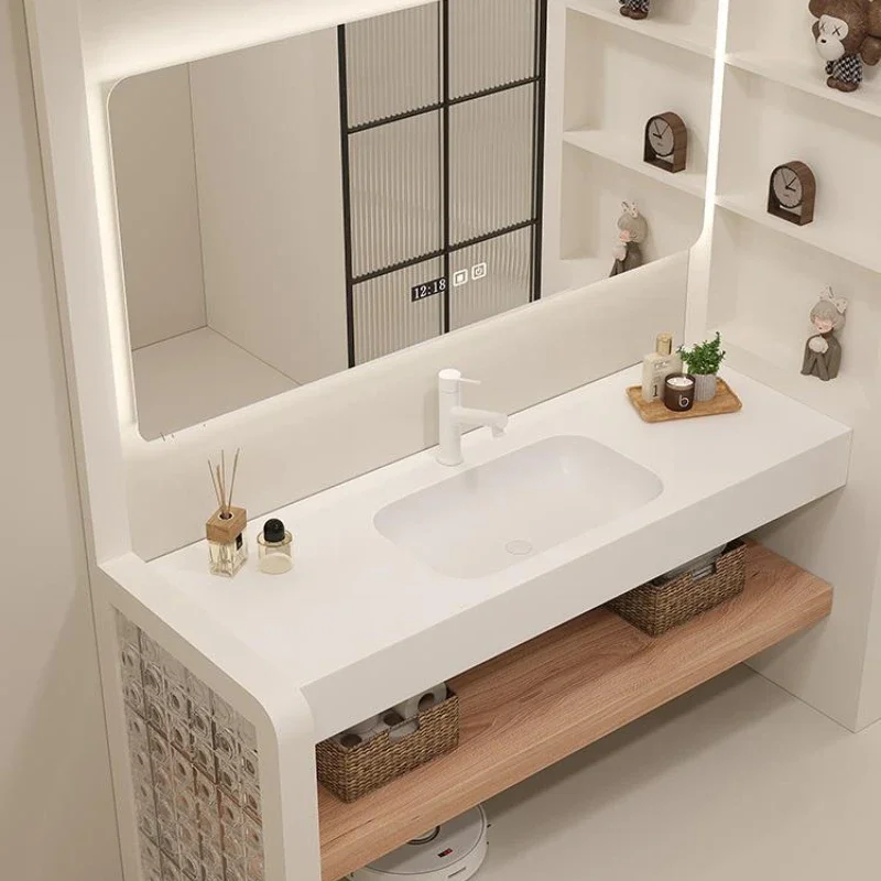 

Modern Corian Bathroom Cabinet with Sink Smart Mirror Wood Storage Cabinet Wash Basin Cabinet Combination Bathroom Washing Table
