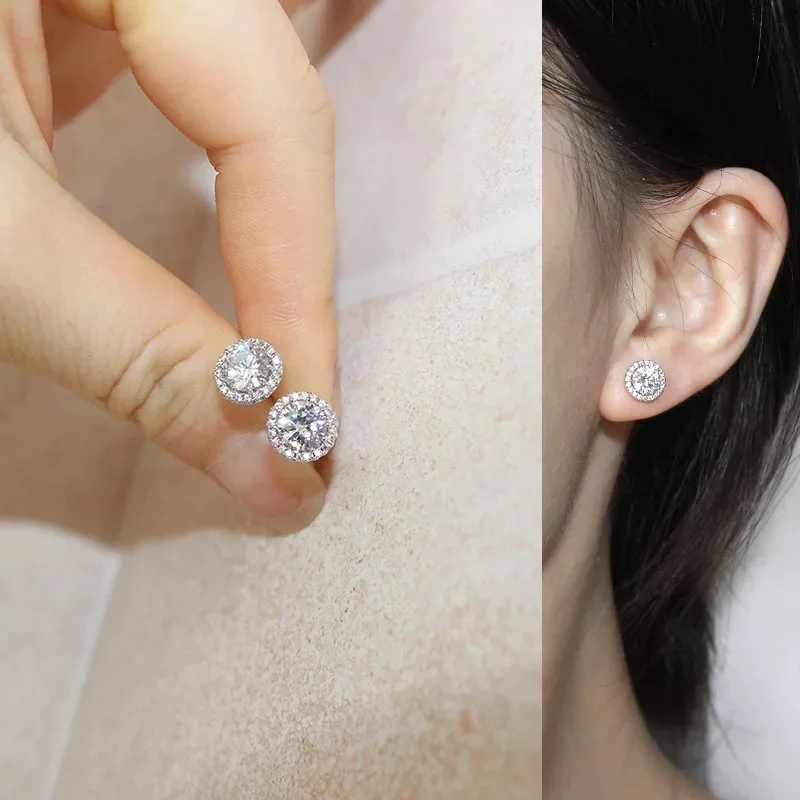 

Genuine 925 Sterling Silver Round Crystal Stud Earrings for Women Girls Wedding Engagement Party Fashion Jewelry Gifts Wholesale