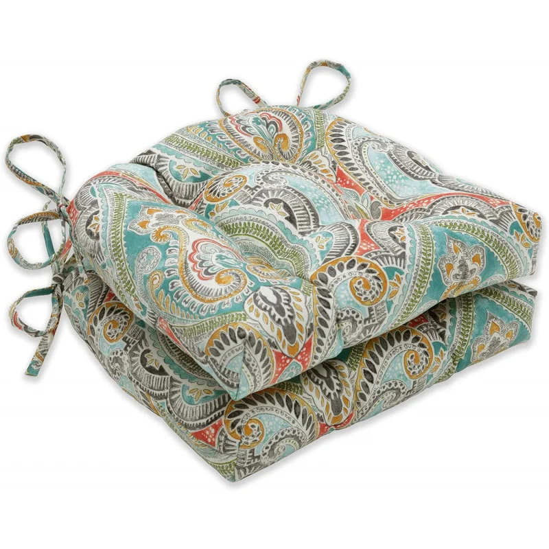 

Paisley Indoor/Outdoor Chairpad with Ties, Reversible, Tufted, Weather, and Fade Resistant, 15.5" x 16", Blue/Multi Pretty, 2 Co