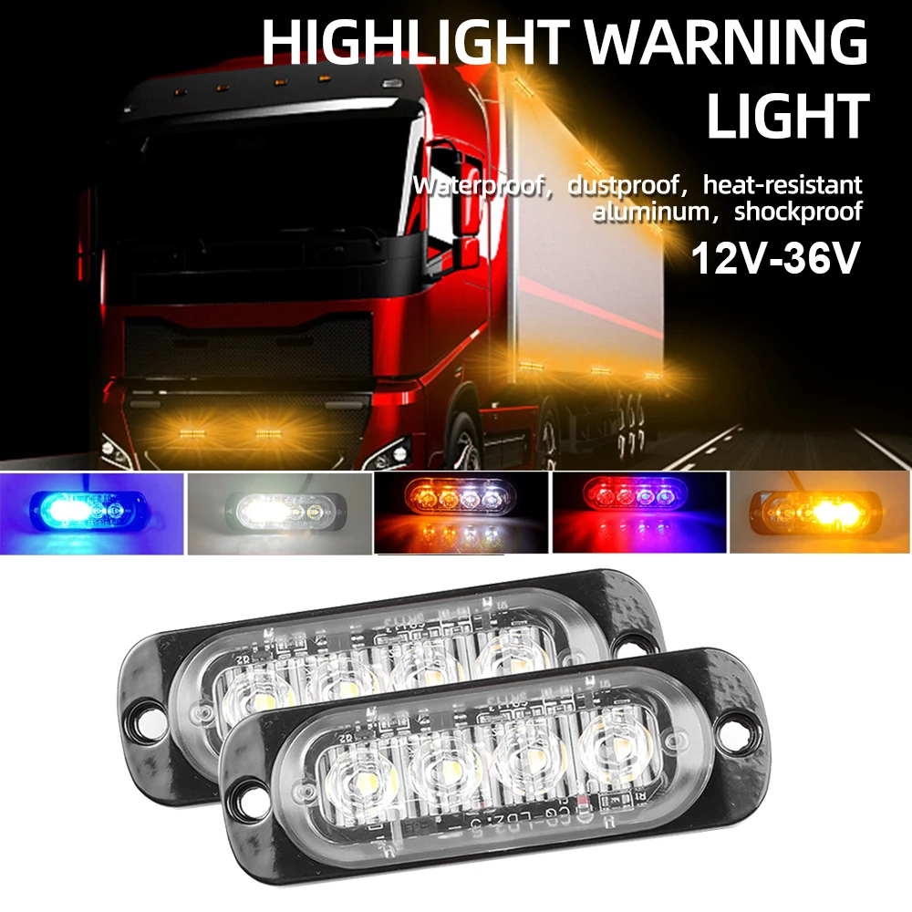4 Led Strobe Side Warning Light Flashing Light Bar Car Truck Beacon Lamp Amber Yellow White Traffic Light 12V-24V Waterproof