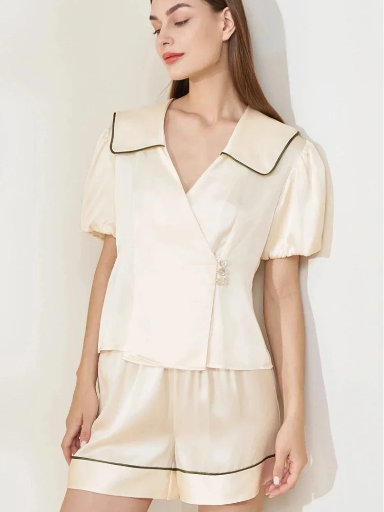 

19 мм настоящая шелковая пижама с милым темно-синим воротником, костюм из двух предметов для девочек, топ с короткими рукавами и шорты, пижама, летняя одежда для сна PJ