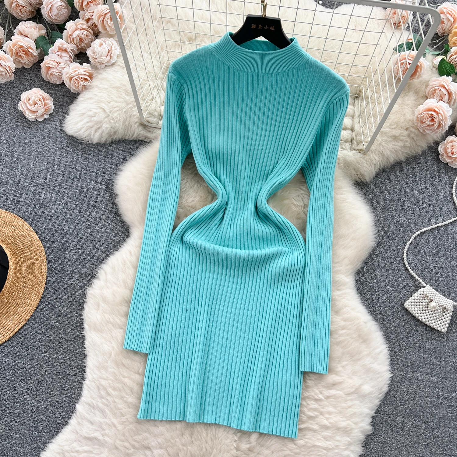 Women Autumn Knitted Dress Half Collar Neck Sexy Slim Elastic Basic Bodycon  Sweater Dress Winter knit Warm Mini Dress - AliExpress