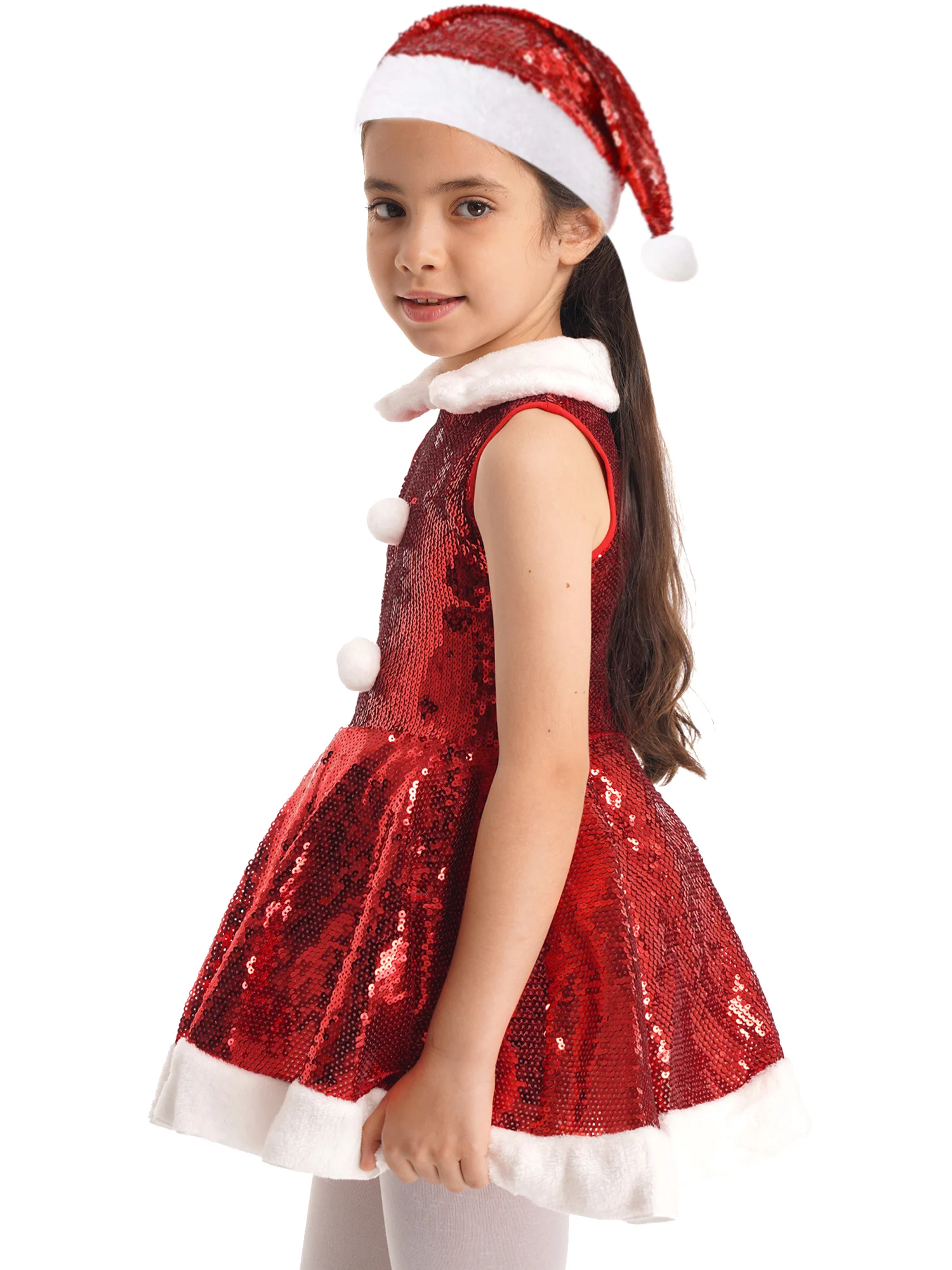 Girls Christmas Santa Claus Cosplay Costume Shiny Sequin Tutu Dress with Hat Xmas New Year Party Ballet Dance Skating Clothes