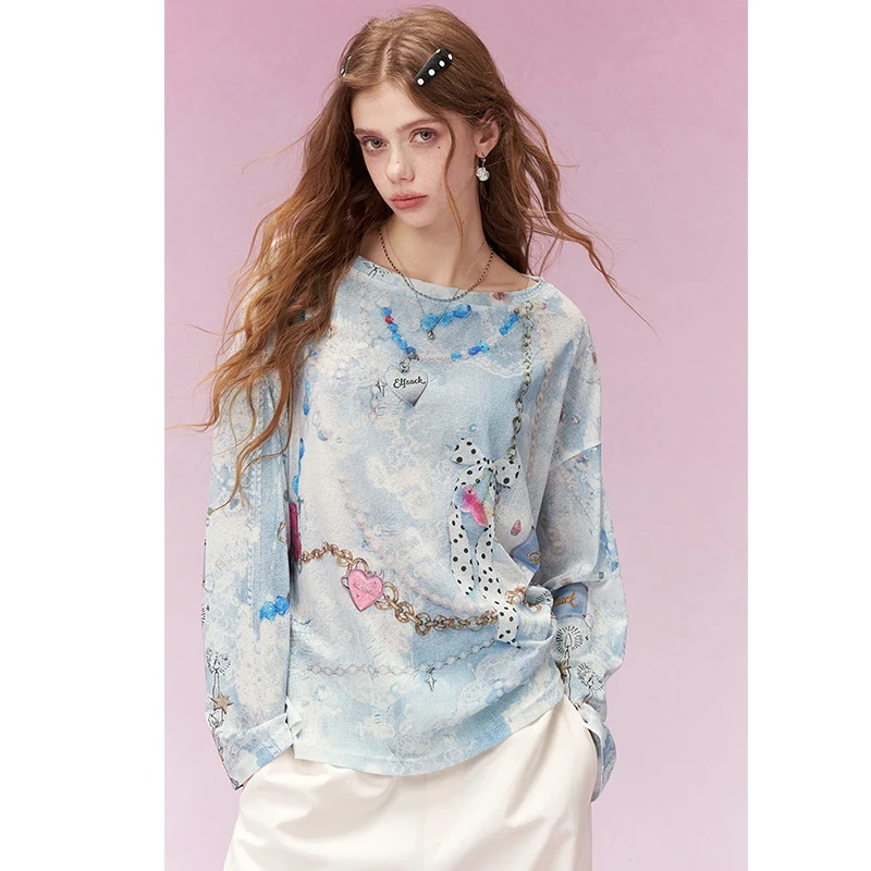 ELFSACK Y2K Long Sleeve Top for Women, Full Print Chain & Bow Graphic T-Shirt, Oversized Loose Fit view 2