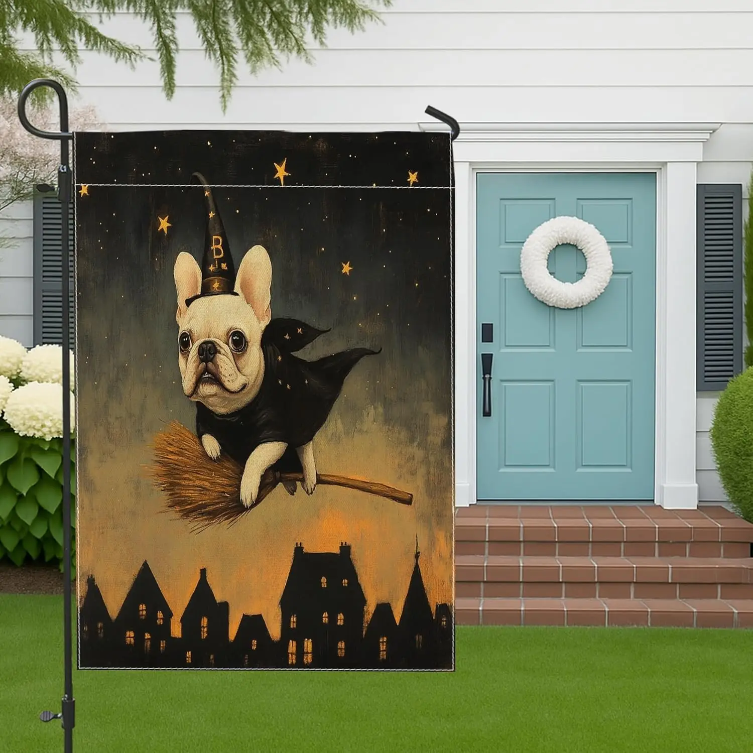 Halloween French Bulldog Dog Garden Flags 12”x18” Double Sided for Outside, Witch Broom Stars Front Yard Small Canvas House  yyi