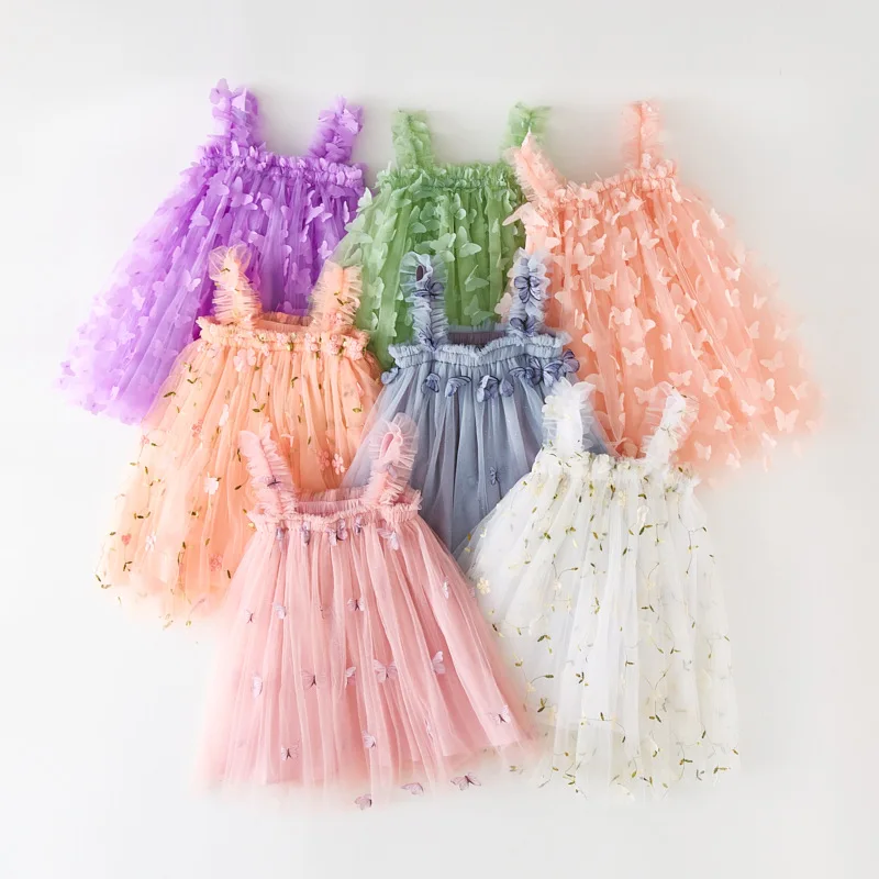 

Summer New Girls Embroidered Butterfly Suspended Dress Sweet Flower Patchwork Princess Dress Children Lace Mesh Fluffy Dress