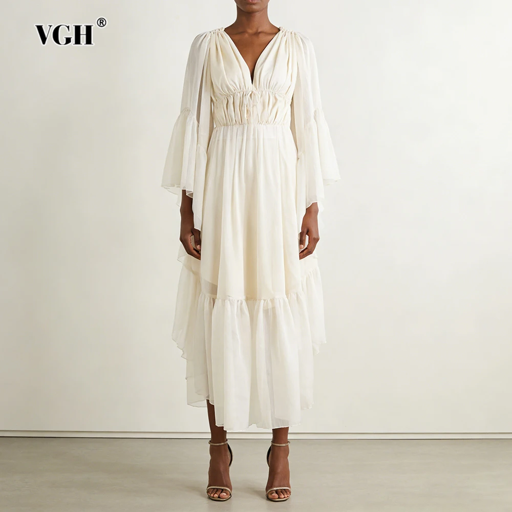 

VGH Элегантное шелковое платье с рюшами для женщин, с глубоким V-образным вырезом, длинными рукавами, завышенной талией, весеннее, модное, новинка