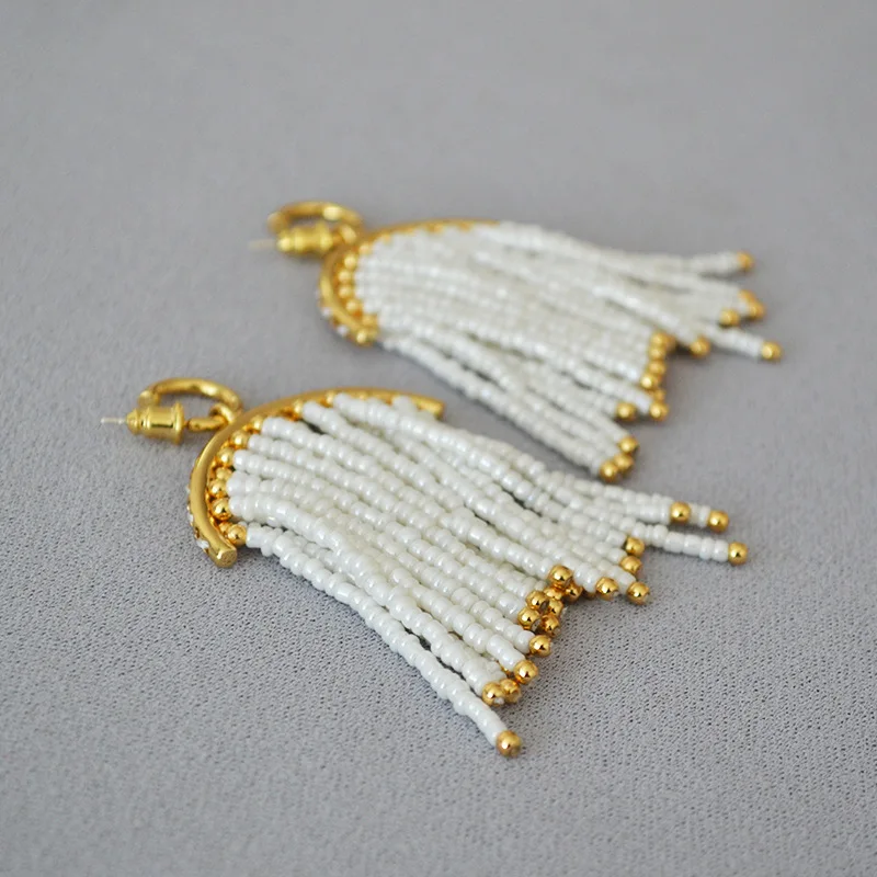 SaleEuropean and American Niche Exaggerated Bohemian White Bead Irregular Tassel Copper-Plated Gold925Silver Pin Earrings Earrin