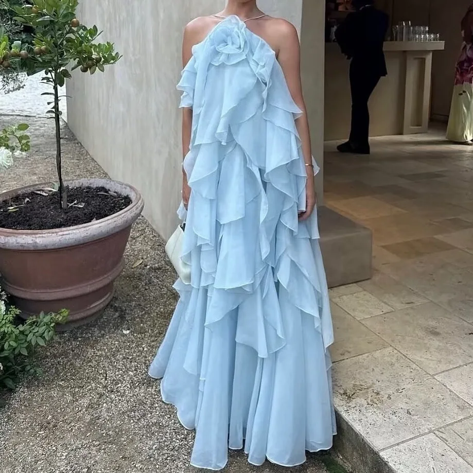 Sexy Rüschen Langes Kleid Damen Blumenmuster Rückenfreies Ärmelloses Einfarbiges Party-Strandkleid Sommerkleid für Damen Mehrlagige Roben 8NL3