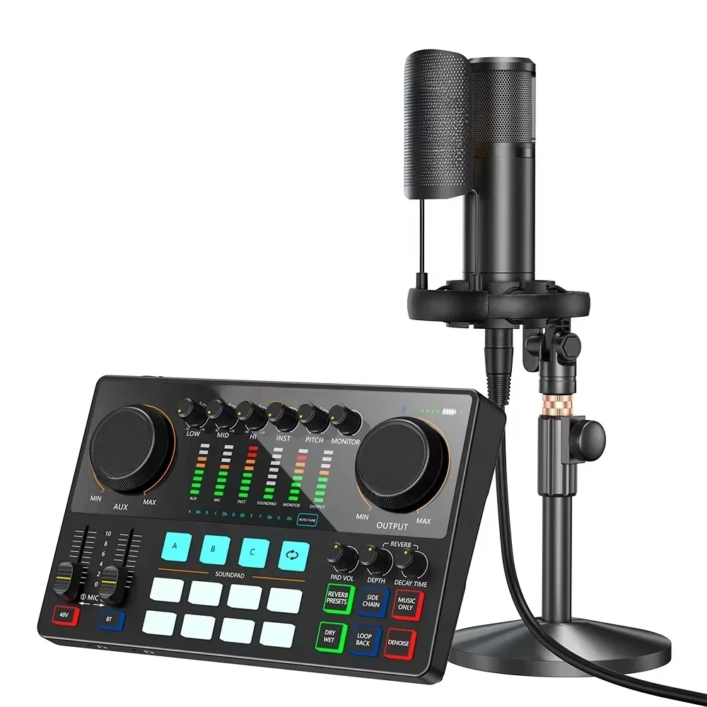 AME2A Soundcard Microphone Kit Podcasting Recording Live Streaming Singing Voice Over Gain Control Reverb Effect