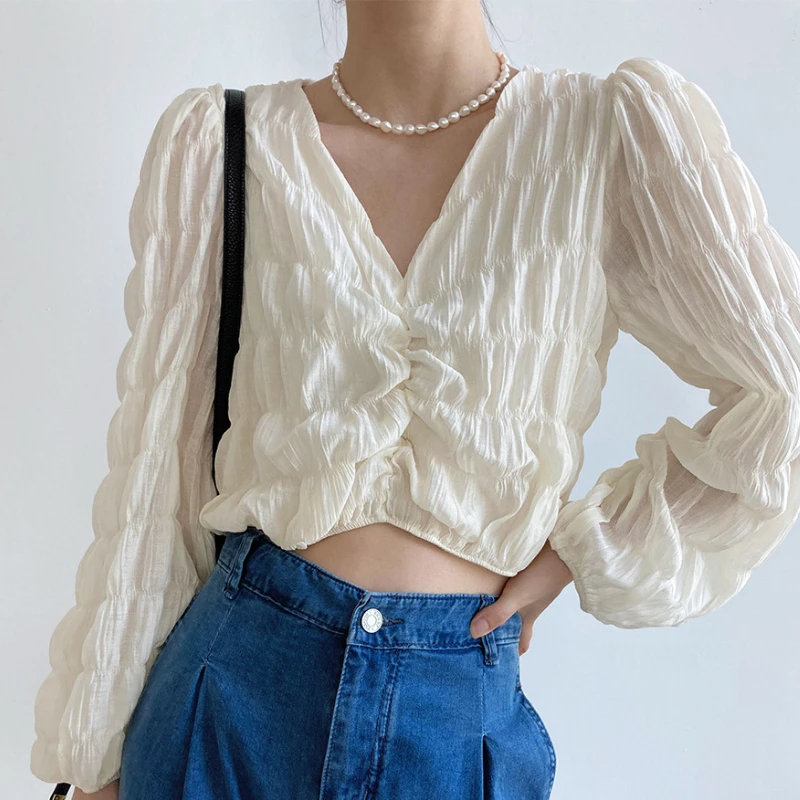 

Summer French V-neck Pleated Design Long-sleeved Chiffon Shirt Women's High Waist Chic Top Sunscreen Small Shirts Womens Tops